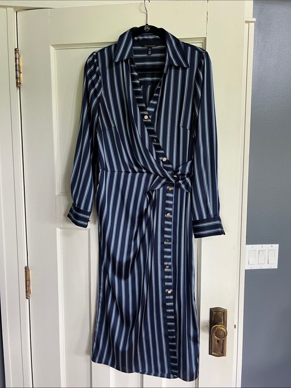 White House Black Market Navy and White Striped Wrap Midi Dress